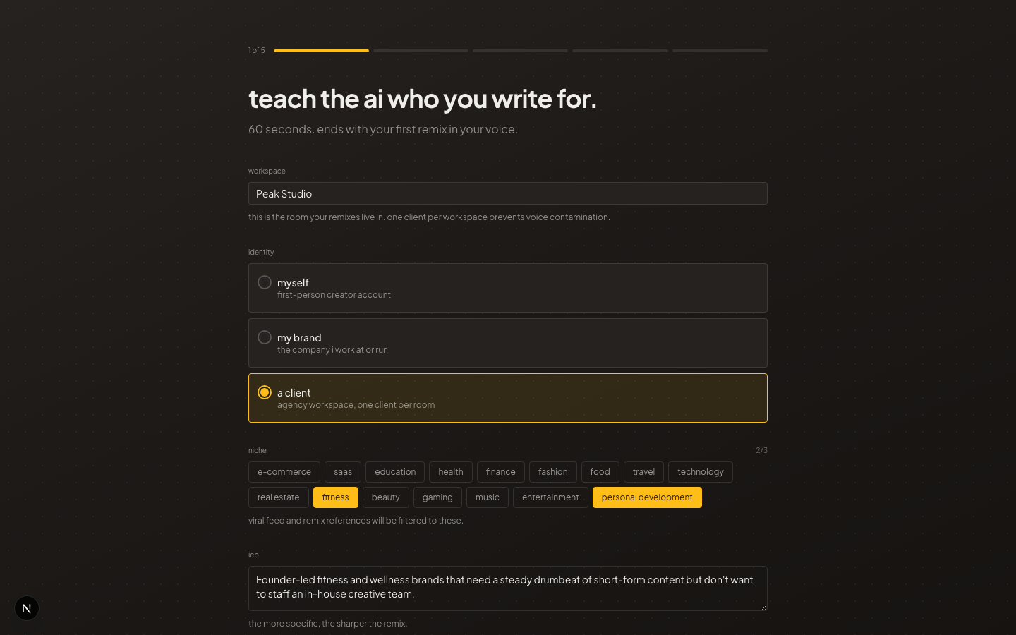 Set up the workspace, identity, and niche